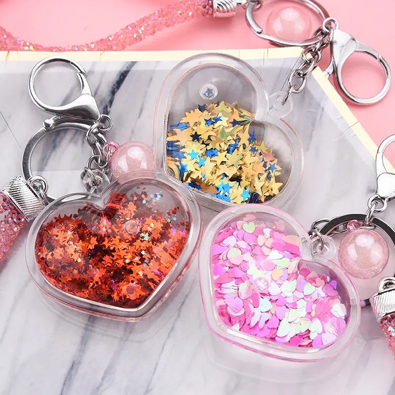 Personalized acrylic filled love heart shape keychain can flow sequins quicksand bag accessories liquid car key chain