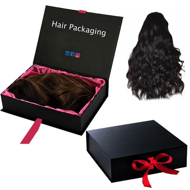 Emballage avec logo personnalisable boîtes en carton réutilisables pour perruque d'extension de cheveux élégante boîte cadeau rose pliante avec ruban