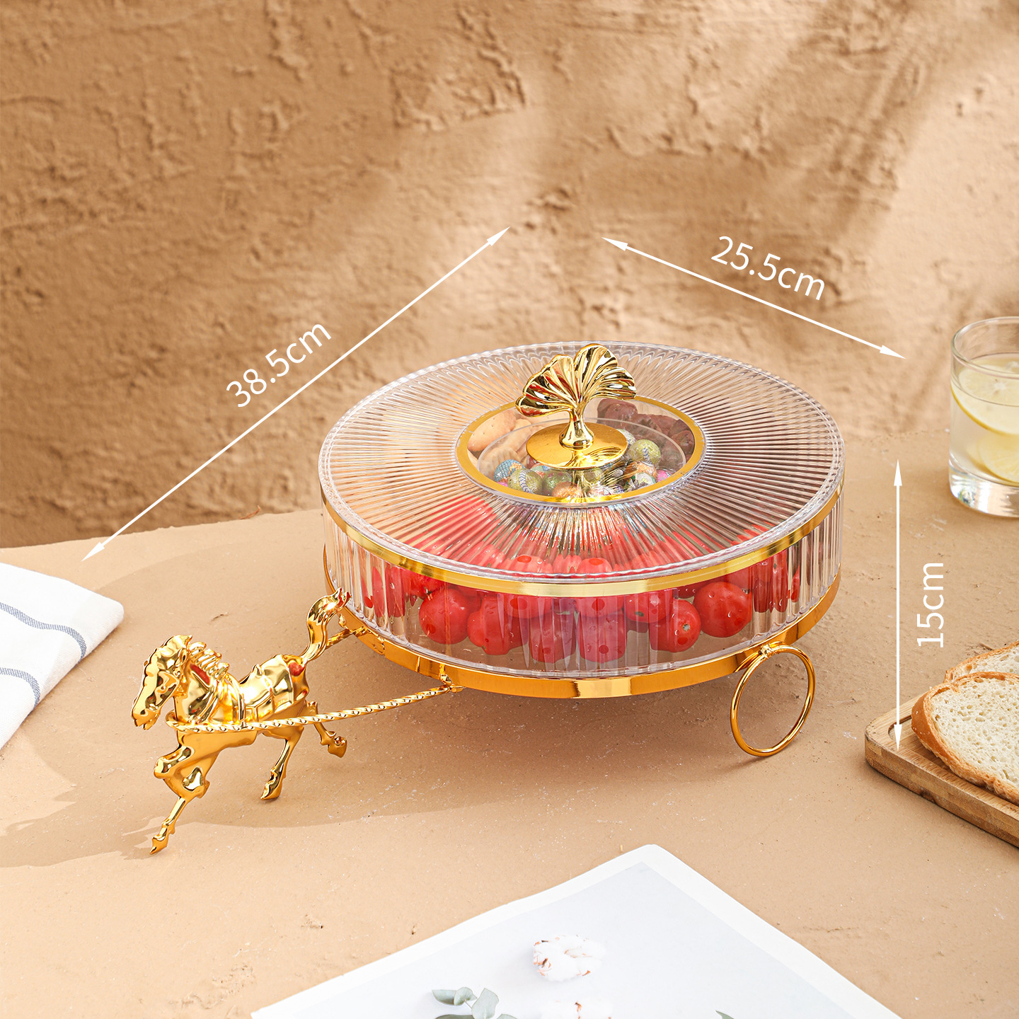 Plato de fruta redondo con carro dorado (transparente)