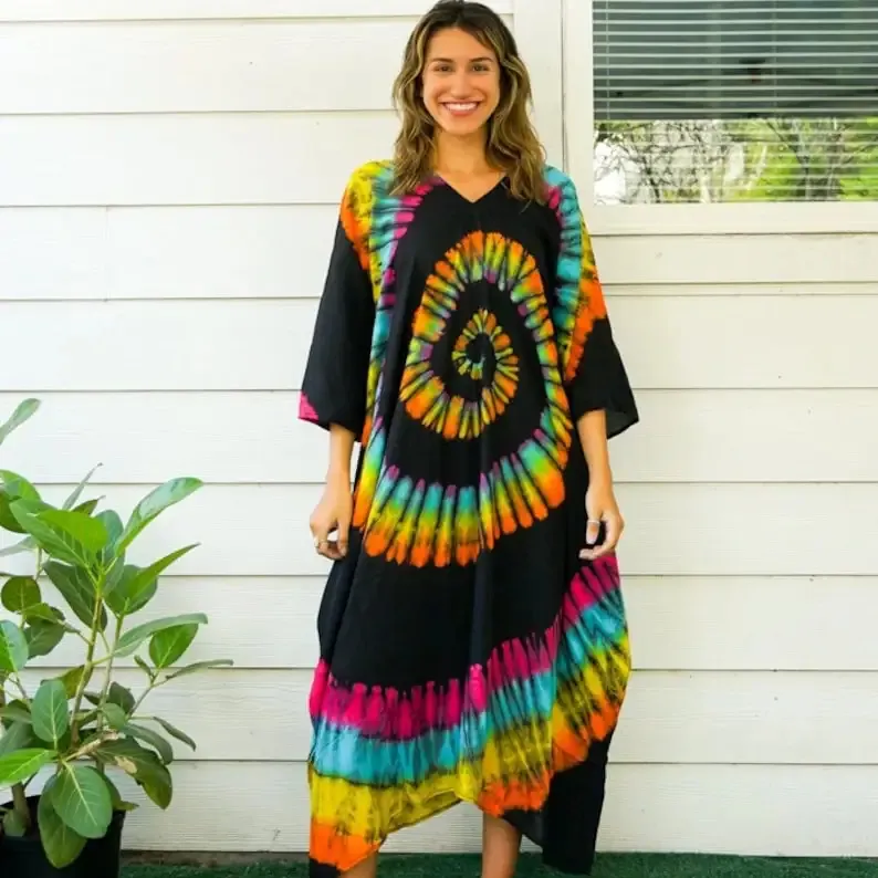Vestido de algodón de alta calidad para mujer, ropa informal para mujer del fabricante indio Tie-Dye Maxi Dress para mujer