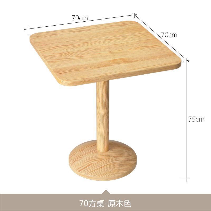 A set of natural wood-colored square tables with upright pillars