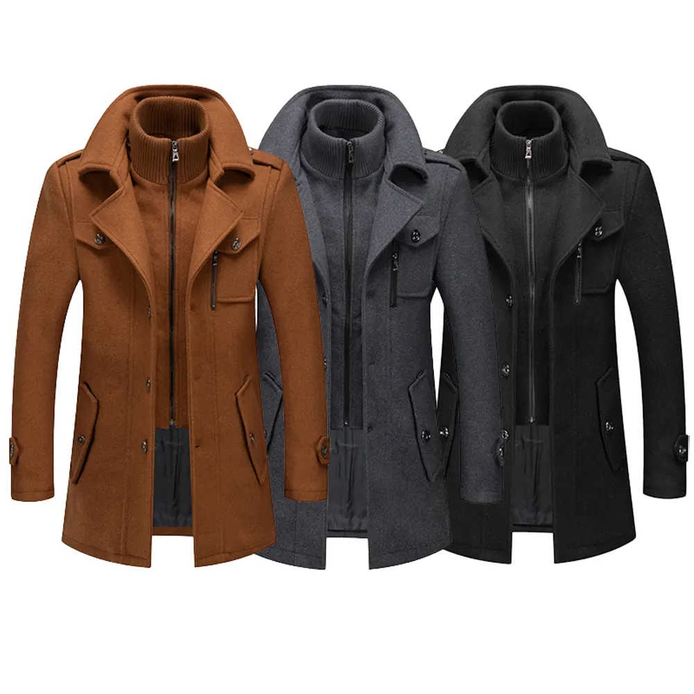 Nuevo abrigo largo cálido de lana con cuello doble para hombre de otoño e invierno, chaqueta a prueba de viento de talla grande para hombre, gris, negro, caqui, nuevo