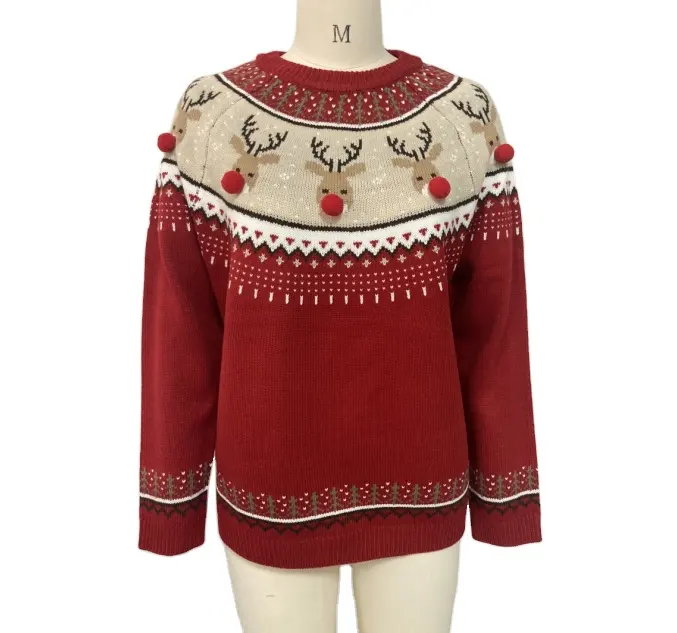 Suéter de Navidad, jersey con diseño de Reno, suéteres para mujer, cuello redondo, decoración de pon-pon, servicio 5G OEM, sueter para mujer