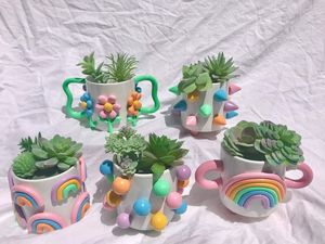 レトロなカラフルなポットプランター植物のためのかわいいレインボーポットセラミックポット - Product Image 4