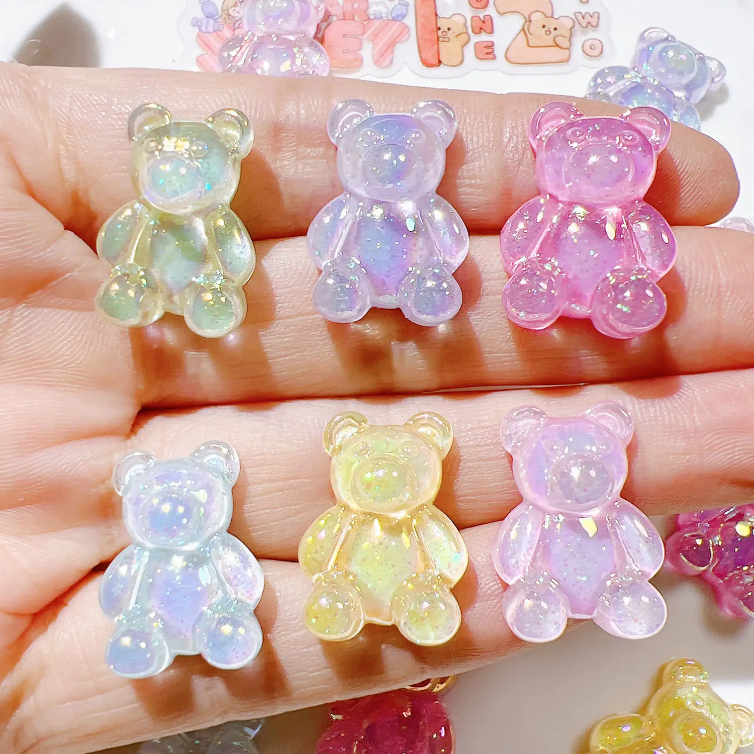 100pcs/bag Glitter Resin Bear Cabochon Flatback Gummy Bear With Sequins Filling for Jewelry Phone Case Decorations