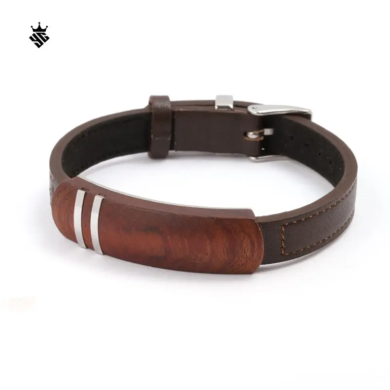 Pelle marrone Bubinga Wood ID con fibbia per cintura chiusura gioielli bracciali da uomo