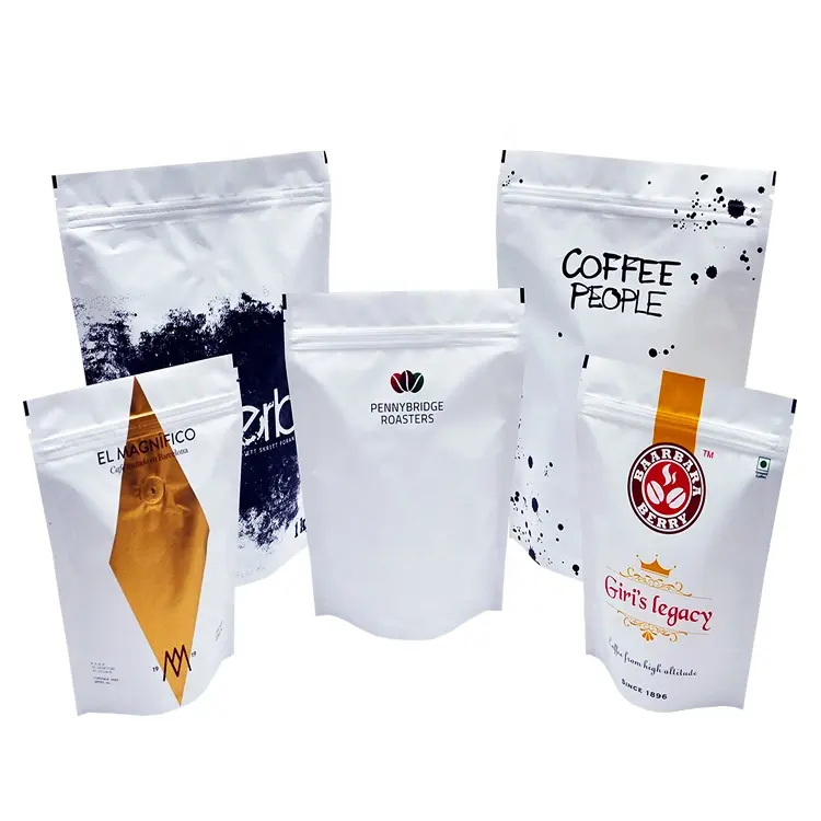 Coffee Bag Stand Up Pouch White Stand Up Pouch Custom Matte Aluminum Foil Doypack Zip lock Coffee Bag With Zipper