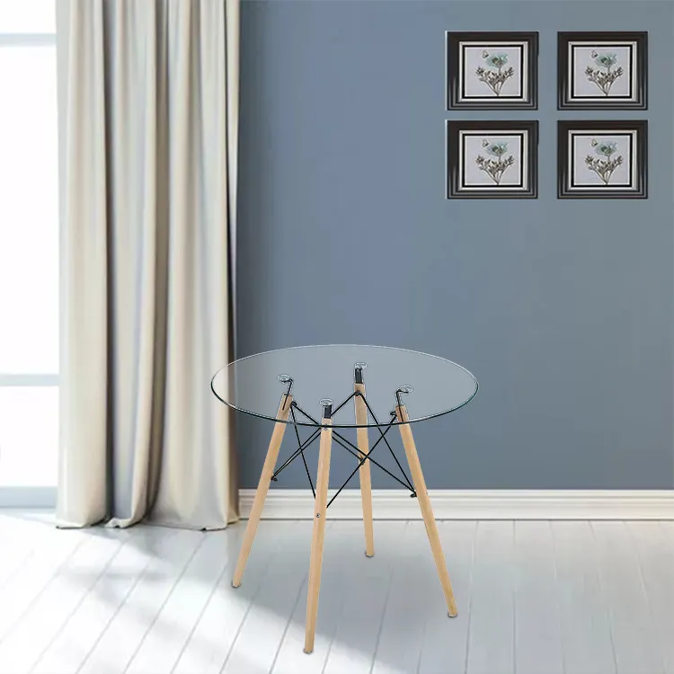 Table à manger et chaise en bois, livraison directe d'usine, Table ronde en verre trempé, tuniques