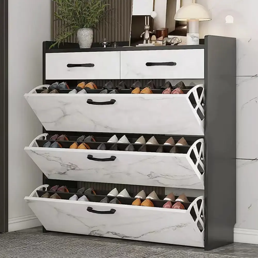 Modern grey color 4 tier shoe cabinet foldable shoe rack wooden shoe rack storage drawer