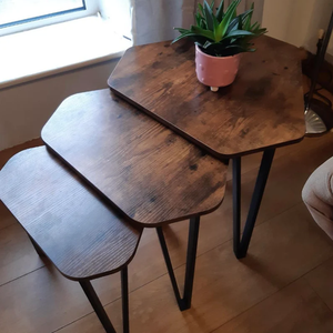 Mesa nido de estilo industrial con marco de acero para el hogar, sala de estar, muebles de madera apilables, mesa de centro lateral - Product Image 2