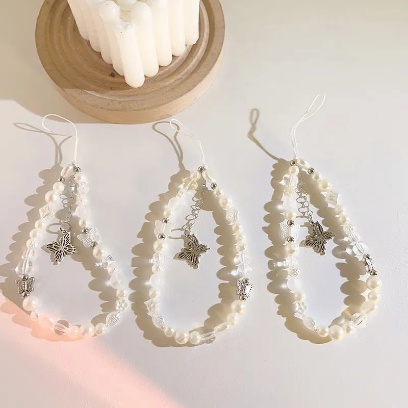 Korean style ins white bead chain bow pendant diy handmade lanyard for girls
