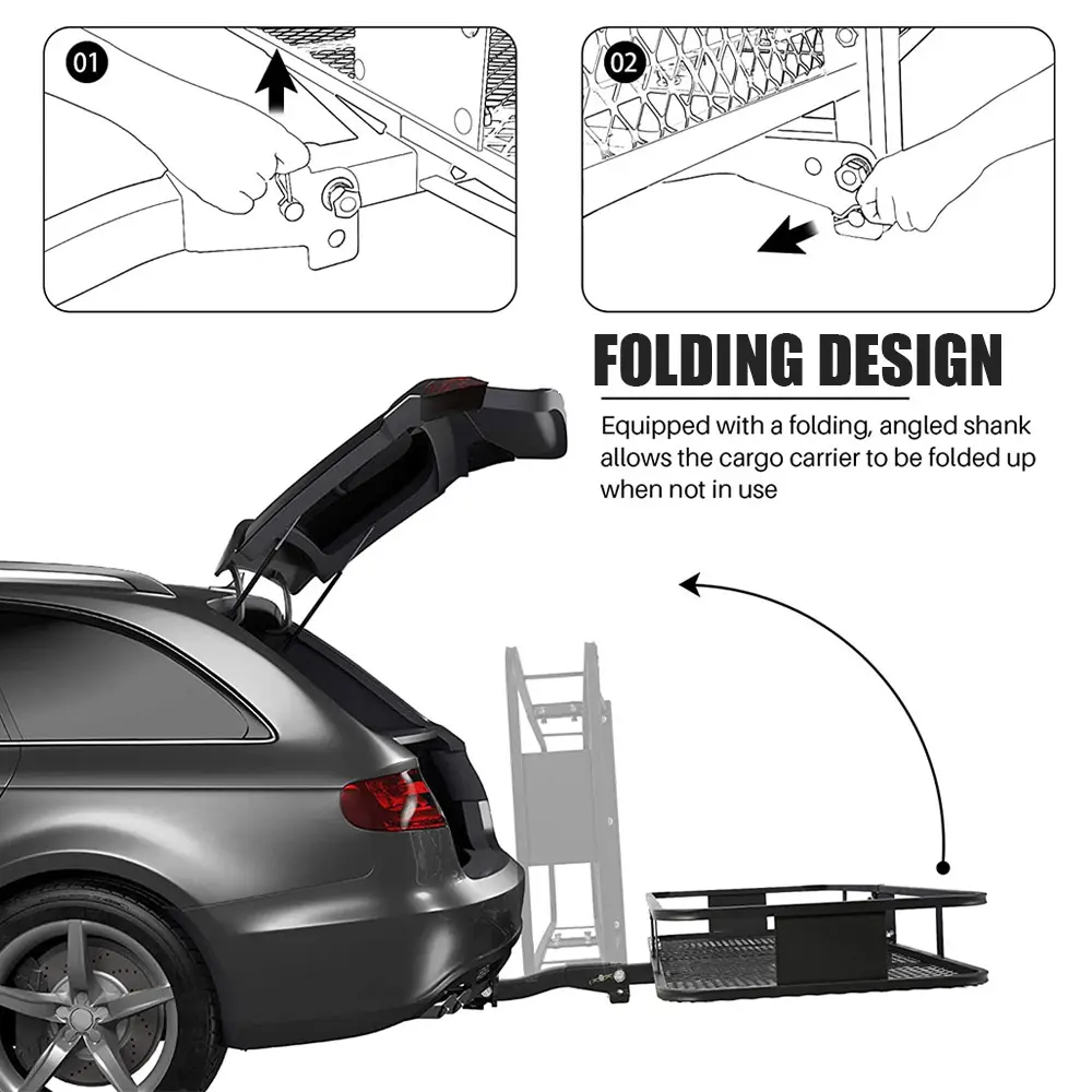 Trung Quốc Nhà Máy Bán Hàng Trực Tiếp Phổ OEM Tùy Chỉnh Xe Thép Hitch Núi Phía Sau Có Thể Gập Lại Hành Lý Hàng Hóa Tàu Sân Bay Giá Giỏ