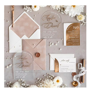 Tùy Chỉnh Sang Trọng Nhung Màu Hồng Màu Be Phong Bì Vòm Rõ Ràng Frosted Acrylic Thiệp Cưới Thiệp Mời Guilded Với Lá Vàng Rsvp Thẻ - Product Image 1
