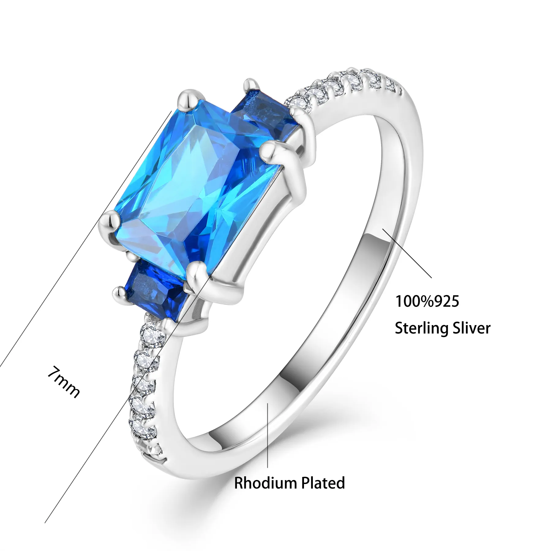 Spinel Kleur Rechthoekige Haakse Vorm Edelsteen Ring 925 Sterling Zilver Elegant Voor Feest Rhodium Vergulde Aqua Blauw