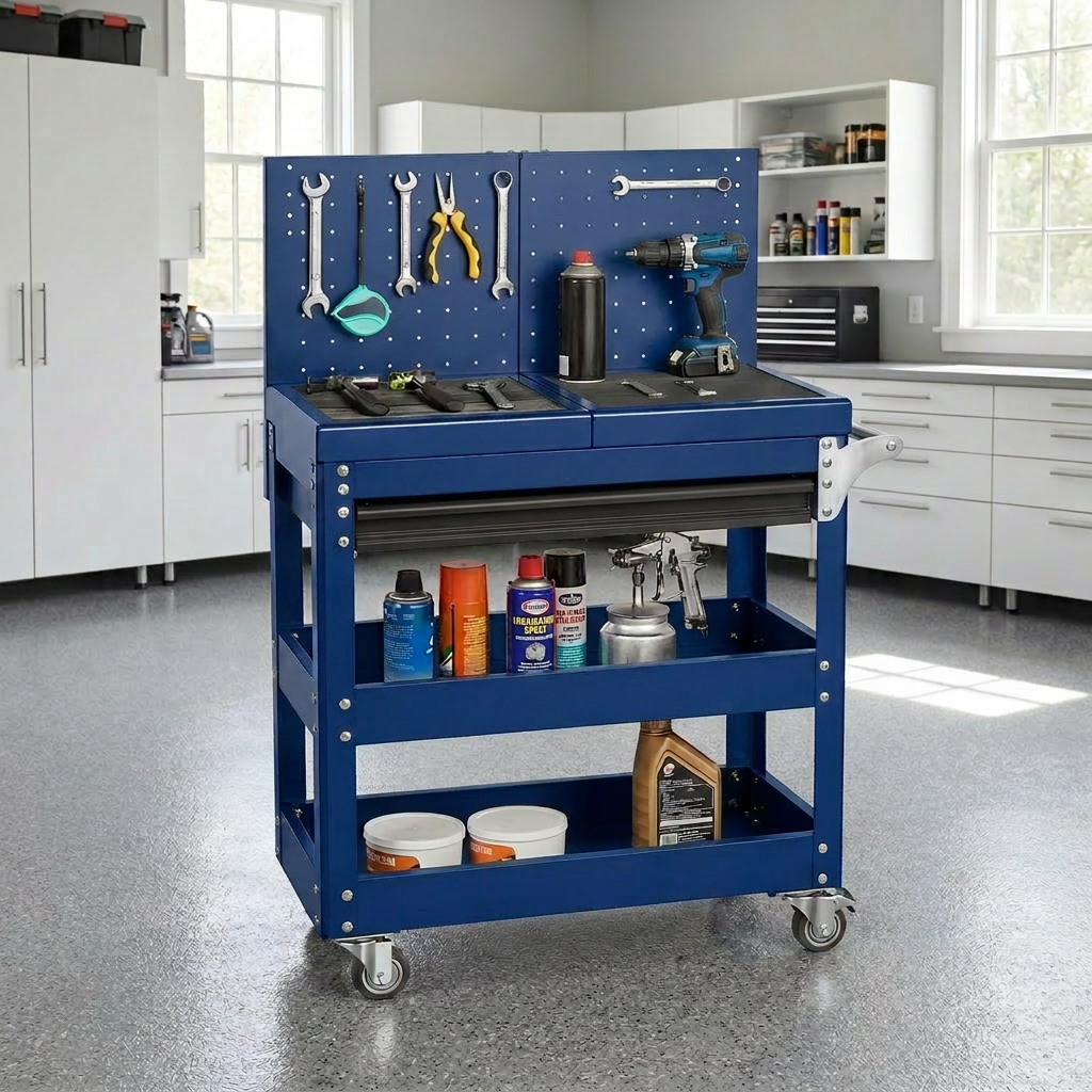 Chariot à outils roulant bleu avec tiroir perforé