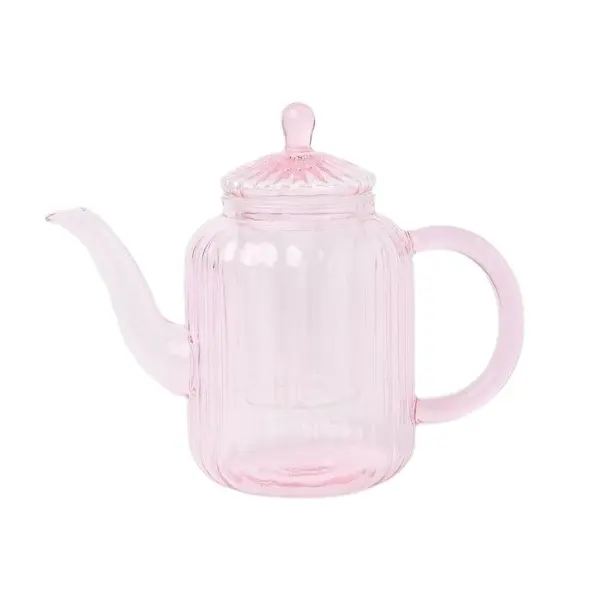 Mão personalizada soprado rosa resistente ao calor listrado vidro chá pote borosilicato chaleira de vidro nervuras chá festa bule com vidro infusor