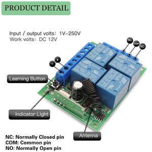<strong>DC12V</strong> 10Amp 4CH Relay Receiver and Transmitter for Garage Door 433Mhz Universal Wireless <strong>Remote</strong> Control - Product Image 3