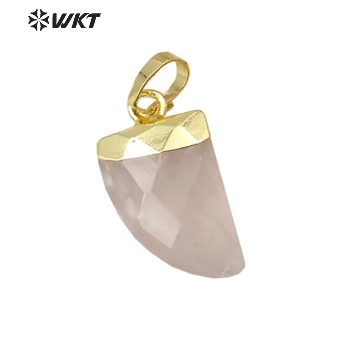 WT-P1269 WKT卸売小さな天然ピンク翡翠18k本物のゴールド銀メッキ生ローズクォーツムーンペンダント
