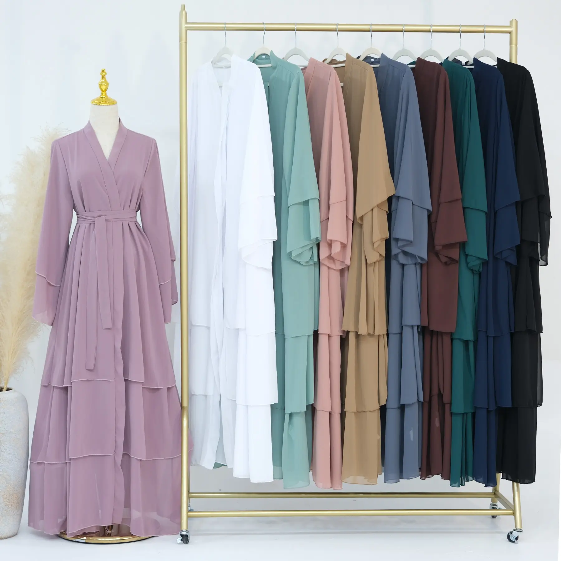 Loriya 2024 nouveau grand ourlet dubaï élégant Kimono Abaya femmes robe musulmane 3 couches en mousseline de soie ouvert Abaya turquie vêtements islamiques