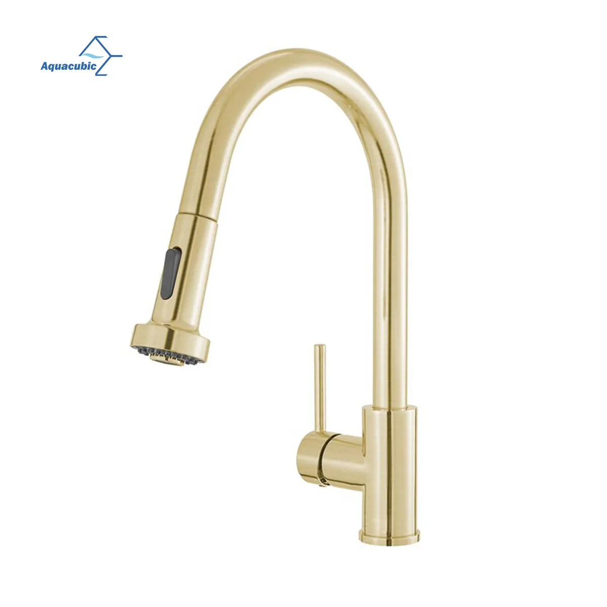 Concise Simple Style Brushed Gold Single Hole High Arc Kitchen Faucet with Pull down Sprayer