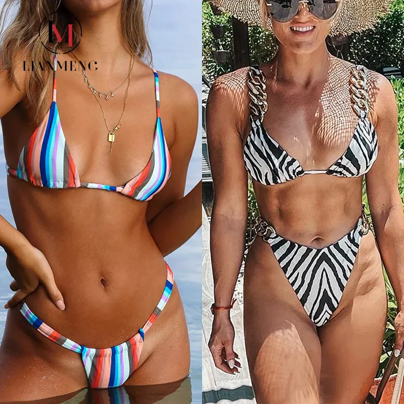 LIANMENG B593 2023 Italian Quality Custom Print Two Pieces Striped Bikini Swimsuit