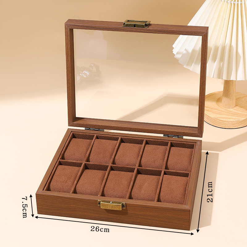 Caja para 10 relojes con acabado en madera de nogal y almohadillas.