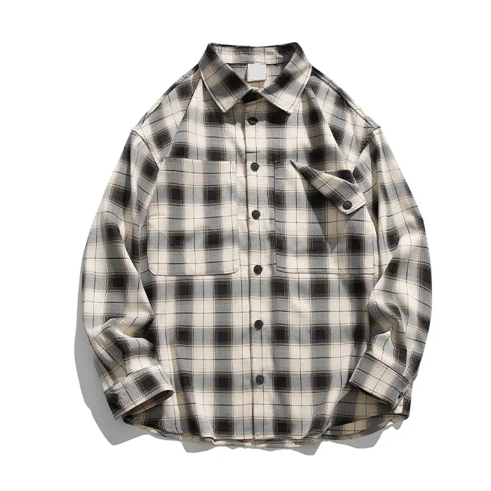 Camisa de manga larga personalizada con botones para Otoño e Invierno de algodón grueso 100% para hombre, camisa a cuadros de franela de estilo japonés Vintage para hombre