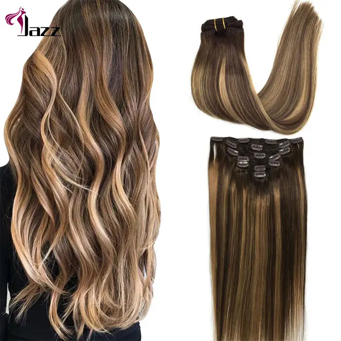 เต็มรูปแบบจริง Human Hair Extension คลิปในชุด100% Remy ผมขายส่งราคาถูกดิบธรรมชาติ Virgin Hair คลิป Ins ส่วนต่อขยาย