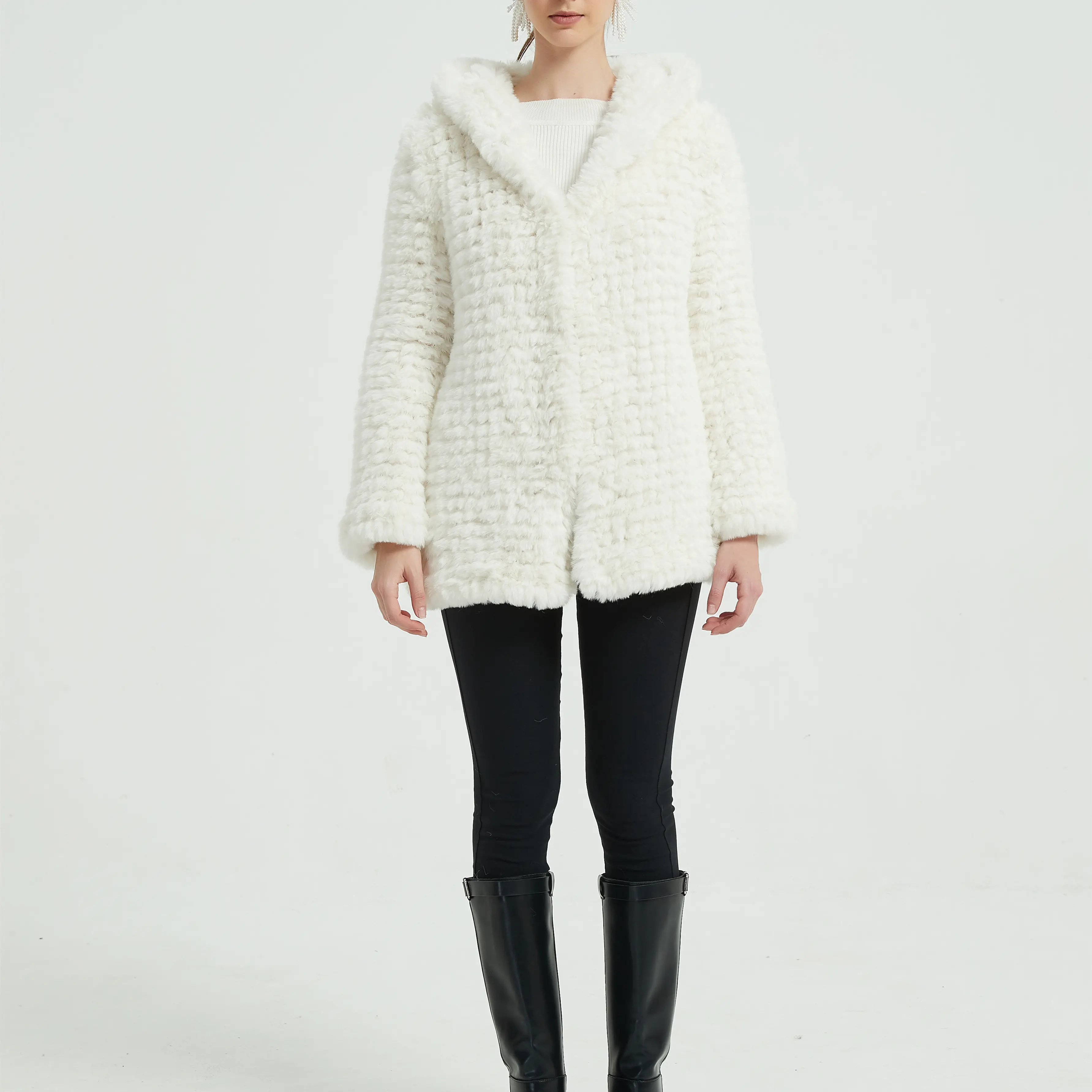 Оптовая продажа, популярное осеннее женское вязаное пальто из искусственного меха, длинное теплое однобортное Женское пальто с капюшоном