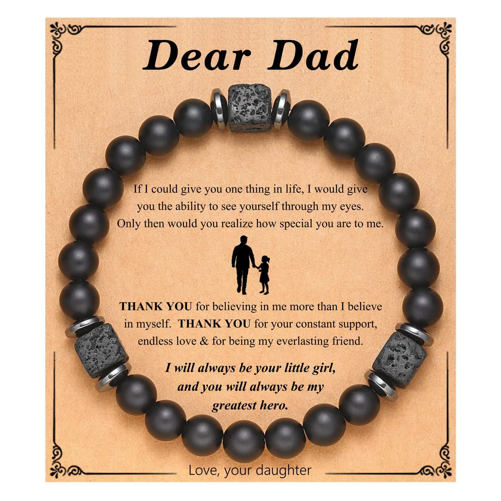 Pulsera de piedra volcánica cuadrada esmerilada negra de cristal de piedra natural, regalo del Día del Padre, pulsera de tarjeta del Día del Padre
