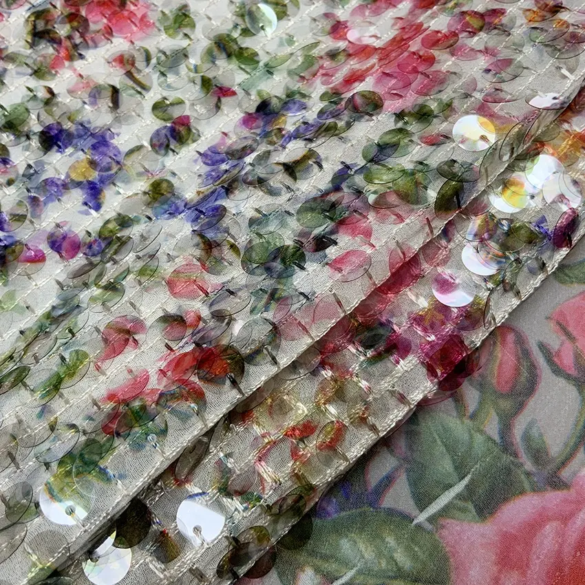 Shaoxing tessile prezzo di fabbrica 3D chiffon floreale ricamato di stampa di grandi dimensioni paillettes tessuto del ricamo per il vestito da modo della signora S-10906
