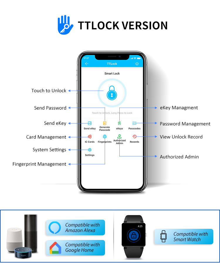 Tediton Safety APP Fingerprint Card Code Combination Smart Door Lock with Touch-Screen Keypad
