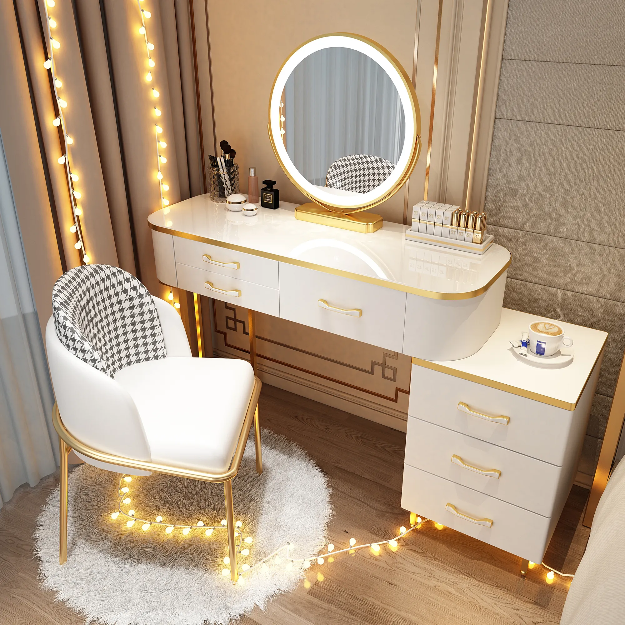 Туалетный столик для макияжа с зеркалом и табуретом, деревянный туалетный столик со светодиодной подсветкой, зеркало для спальни, мебель