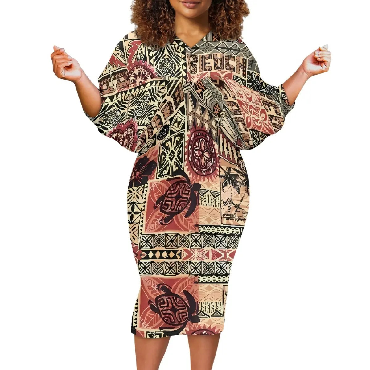 Custom Women Clothing Polynesian Floral Hawaiian Design Women's V Neck Short Sleeve Batwing Skirt Plus Size Mini Dress for Women