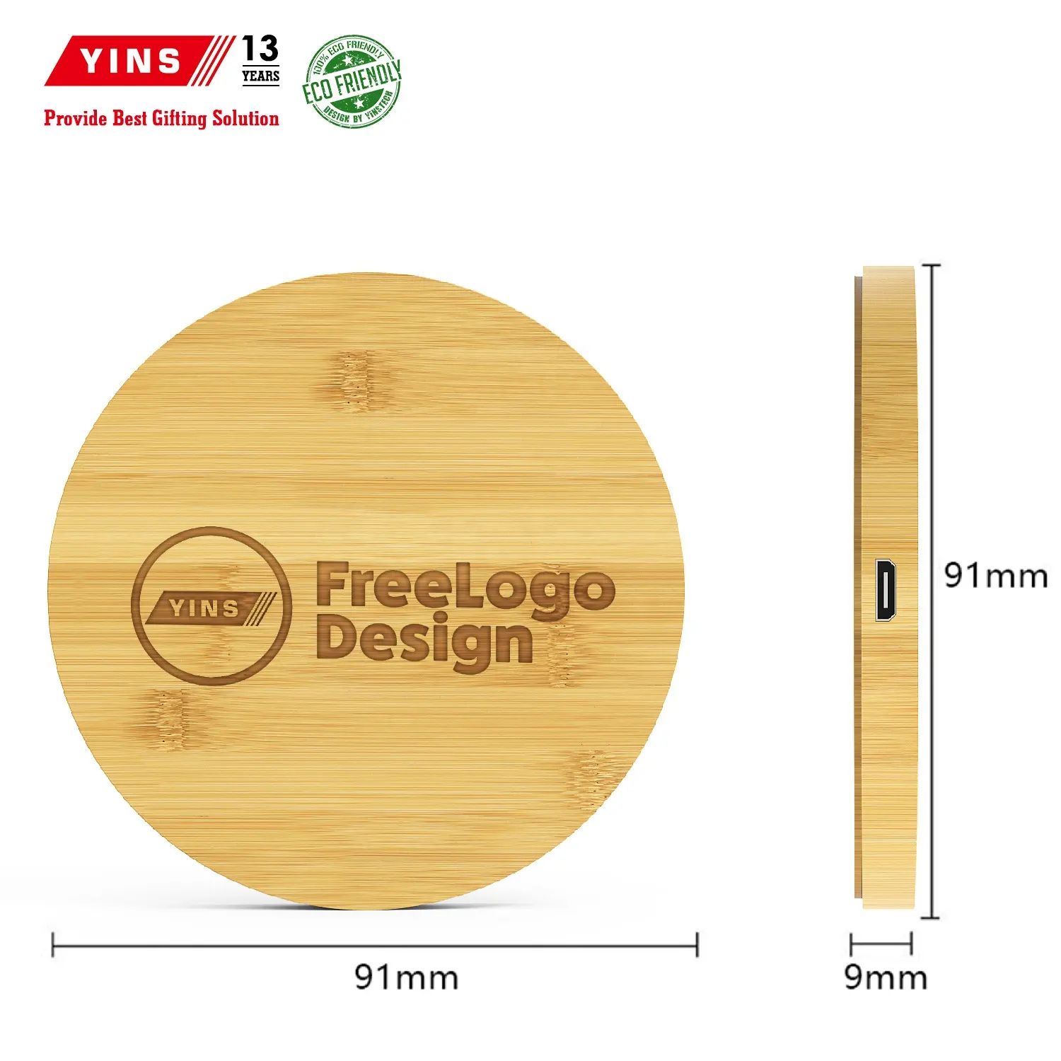 Pengisi daya nirkabel bulat portabel pengisian daya Cepat kayu bambu usb c kustom harga rendah ultra ramping