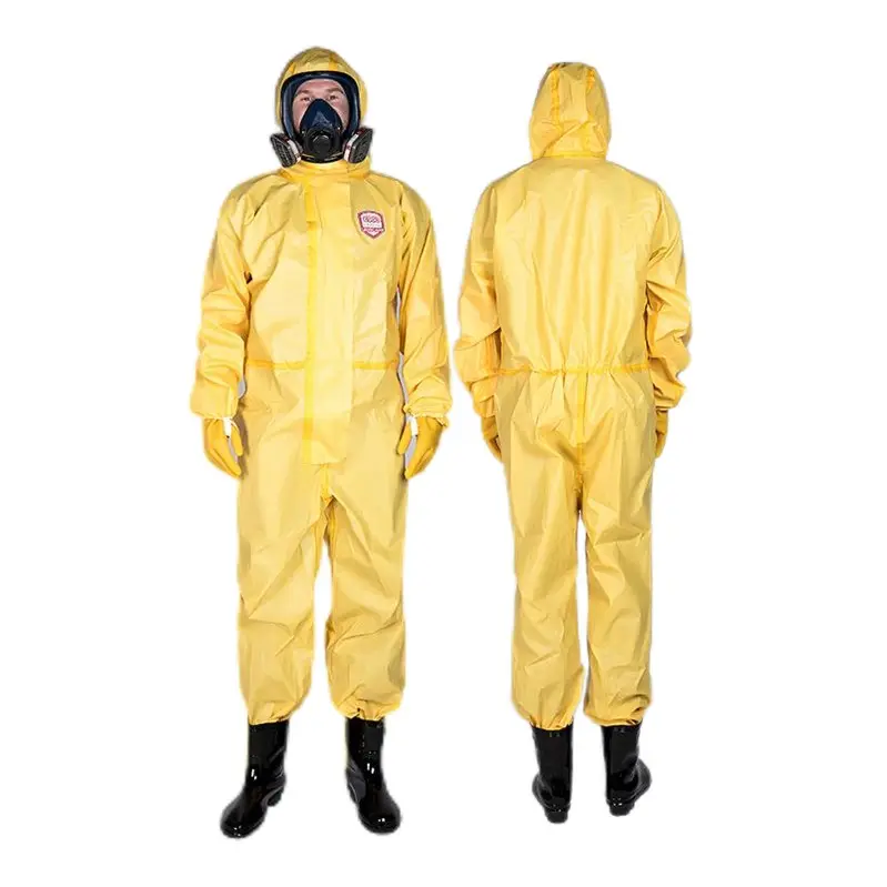 भारी शुल्क प्रकार 3 रासायनिक प्रतिरोधी पीले डिस्पोजेबल सुरक्षात्मक कवरऑल पीप हेज़मैट सूट सूट