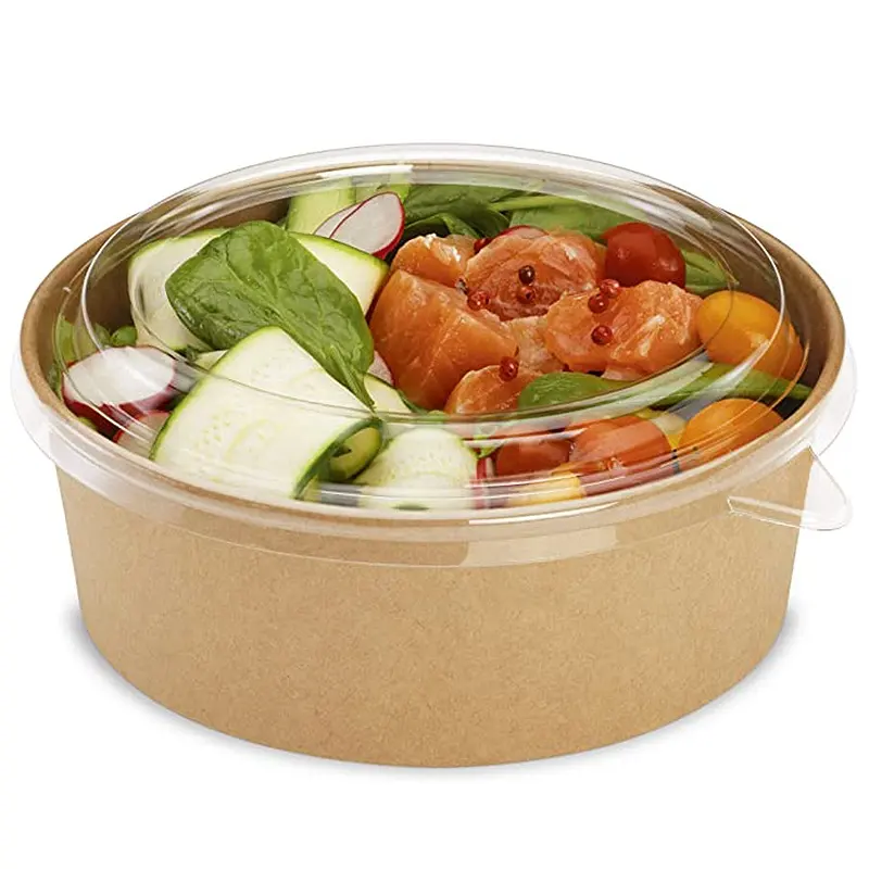 ECO Kraft Paper Salad Bowl Easy Pack Disposable Container round Shape PP Plastic lid Custom Logo Salad Box Free Sample