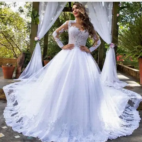 Gaun pengantin ilusi lengan panjang, gaun pengantin ukuran besar putih murni/gading elegan 2023