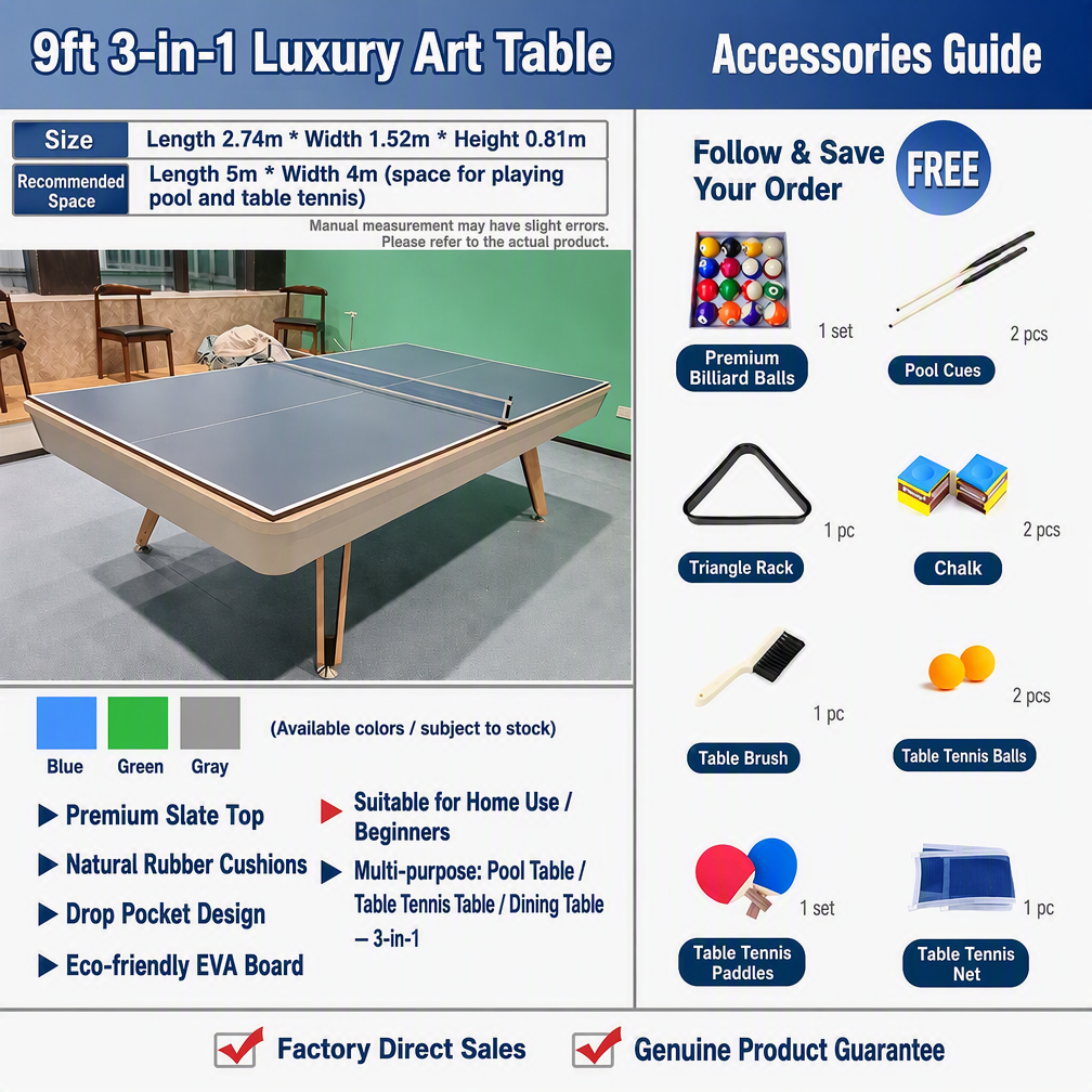Table d'art de luxe 3-en-1 de 2,7 m