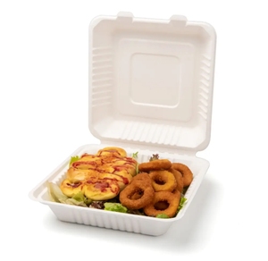 OEM ağır 8X8inch 3 bölme tek kullanımlık öğle yemeği kutusu Bagasse kapaklı gıda kapları kağıt malzeme gitmek için hizmet almak - Product Image 4