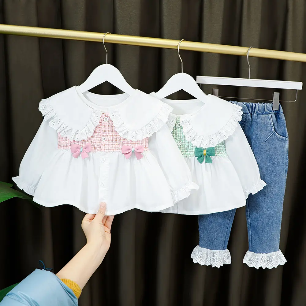 Conyson Conjunto de roupas infantis para meninas, blusa casual de manga comprida + calça jeans, roupa infantil para meninas, roupa casual de moda infantil