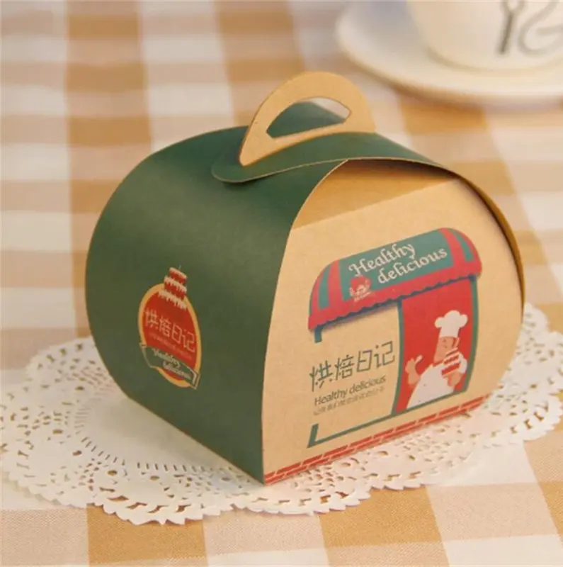 Togliere cibo/dessert/mousse/favore/pasticceria/fetta di stampa personalizzata di disegno marrone kraft carta di imballaggio della torta scatola di carta con maniglia