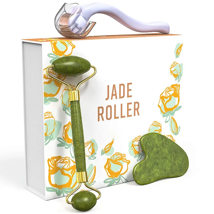 Jade Roller Gua Sha Scraping Massage Tool 3 In 1 Skin Care Set Microneedle Roller For Wrinkles And Anti Aging