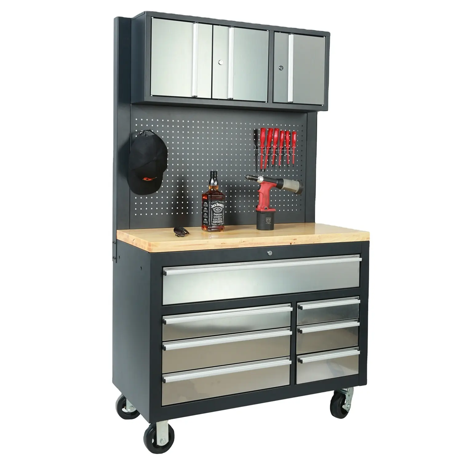7 drawer gray tool storage trolley with wooden work top for garage