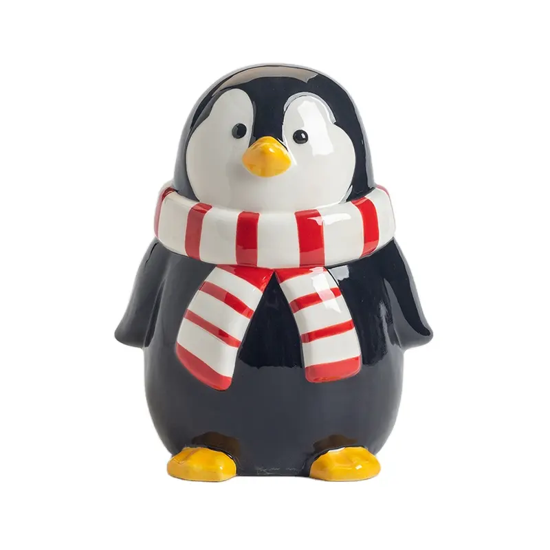 Custom black gray cute ceramic safe wear scarf penguin birthday gift piggy bank for kids that eats coins