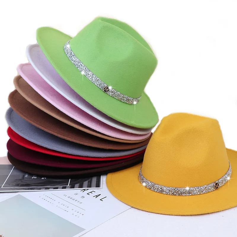 Fedora de lana de dos tonos, sombrero de cristal, banda de Turismo, sombreros Fedora de diamantes de imitación, venta al por mayor de fábrica