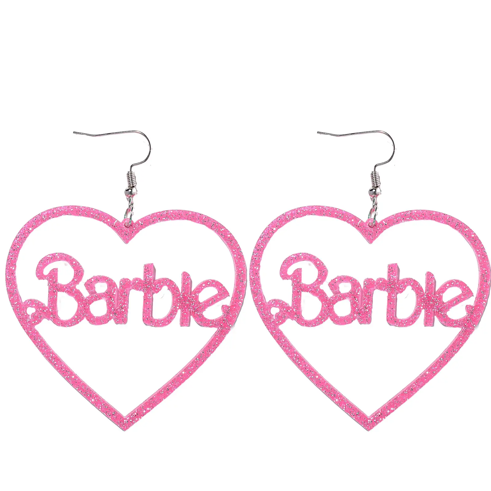 Lindo par de pendientes grandes de corazón rosa brillante con nombre Barbies 1980s estilo disfraz pendientes brillantes inspirados en muñecas