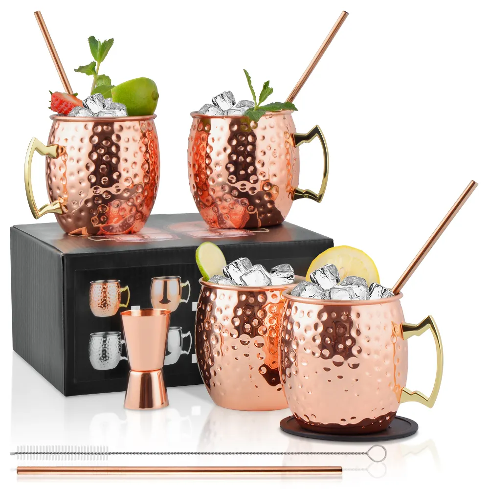 Custom Copper Plated Cocktail Coffee Cups Stainless Steel Moscow Mule Mug Set of 4 with Silicone Coasters Straws Jigger