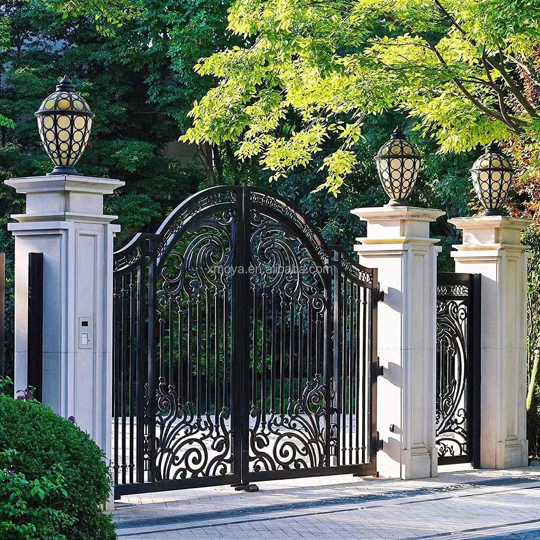 Puerta de entrada de jardín, valla de hierro forjado de doble entrada, enrejados y puertas, puerta principal de patio delantero para casa