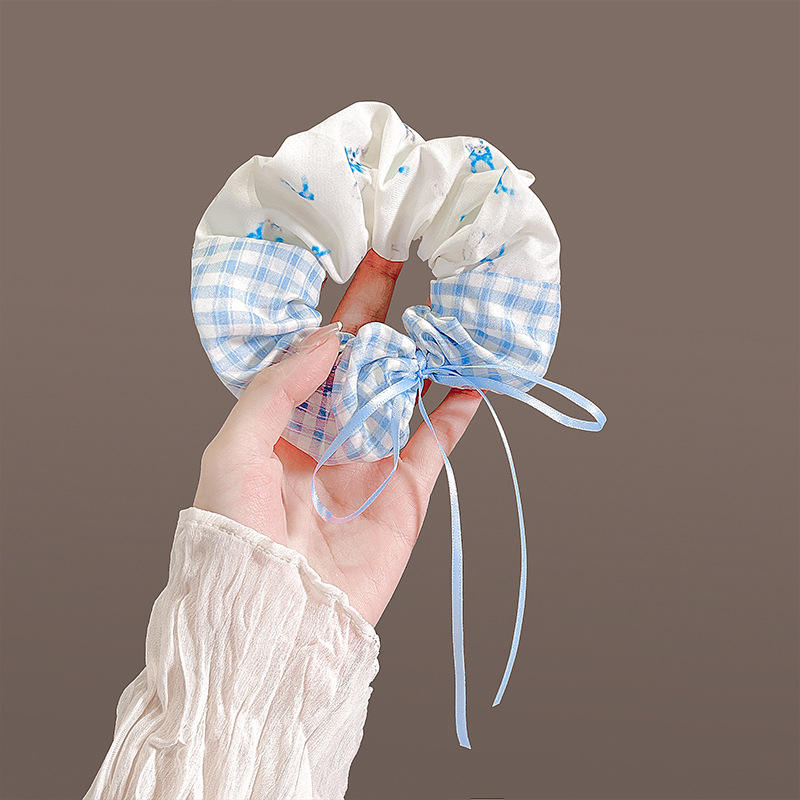 White circle kitten plaid color matching-with blue bow lace